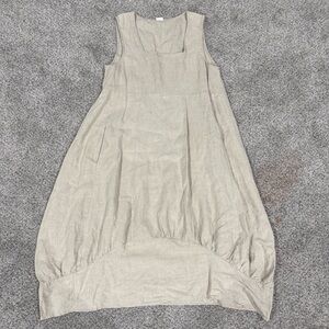 Oscar French Linen Sleeveless Beige Chore Dress European Pockets Midi Women’s L